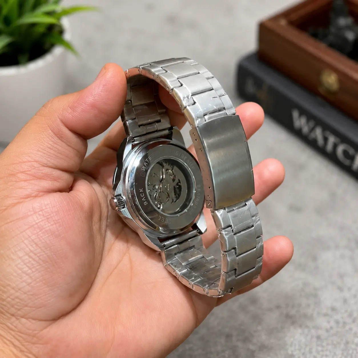 Premium silver skeleton dial stainless steel wrist watch for men