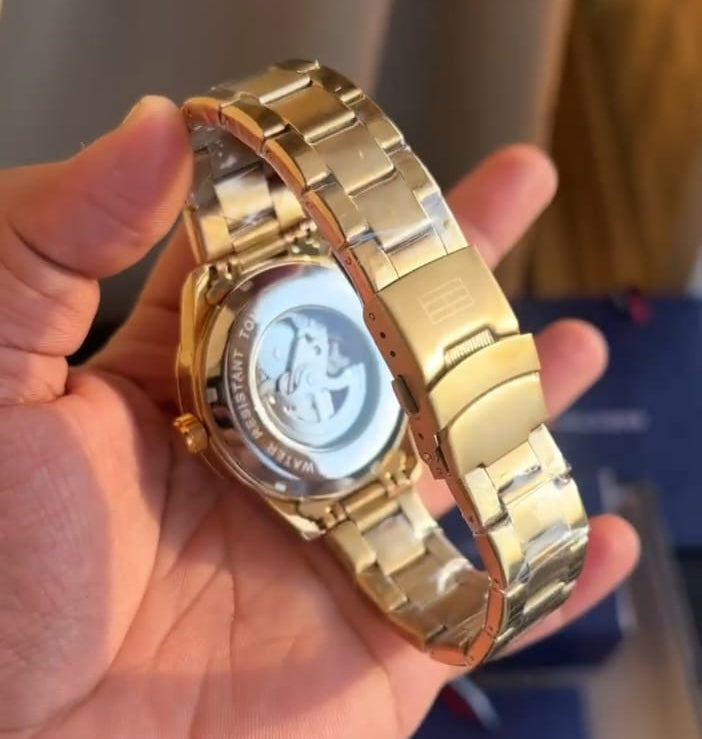 Men’s Gold Automatic Watch – Black Skeleton Dial & Premium Stainless Steel Bracelet