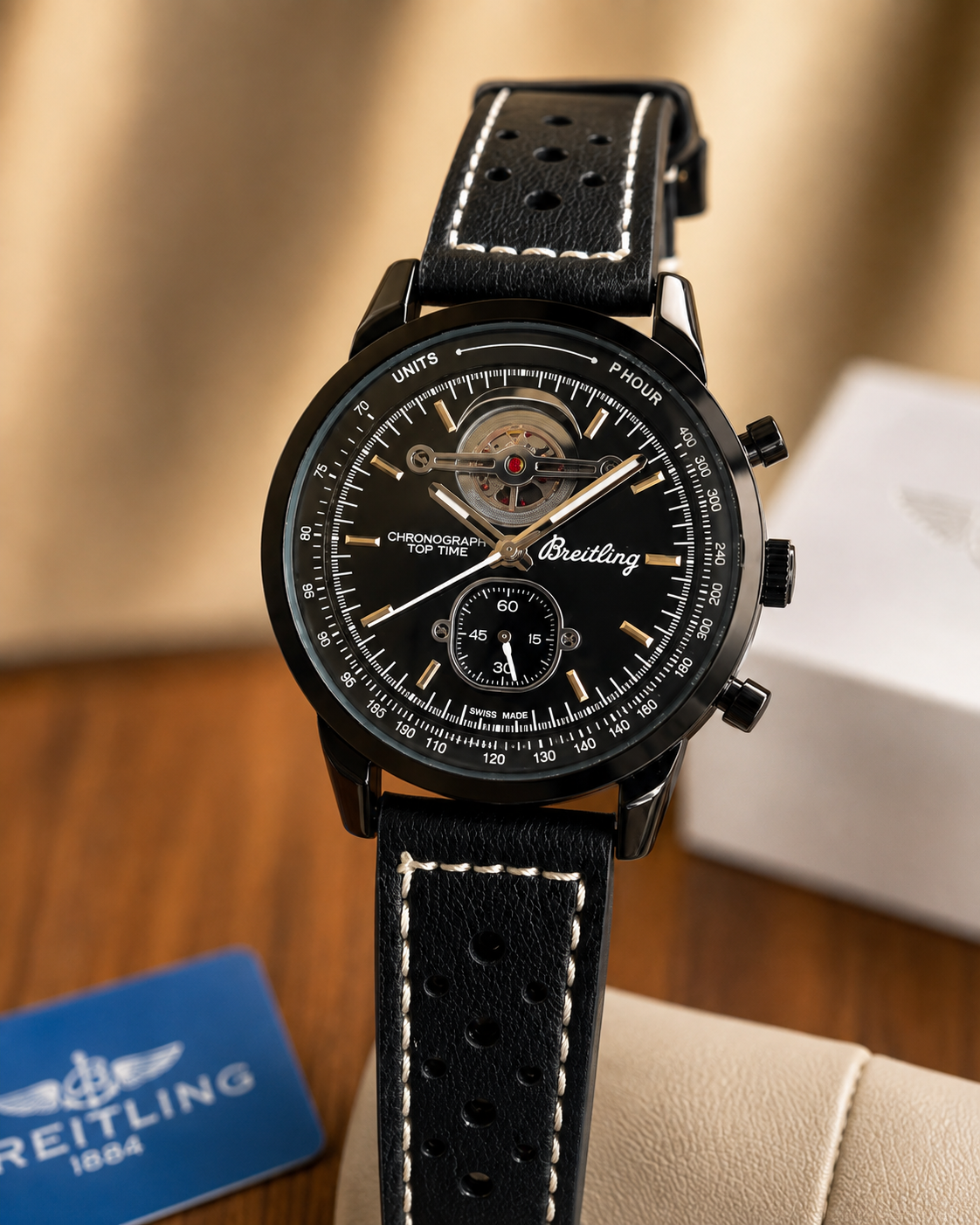 Men’s all Working Chronograph Watch – Black Dial with Premium Leather Strap