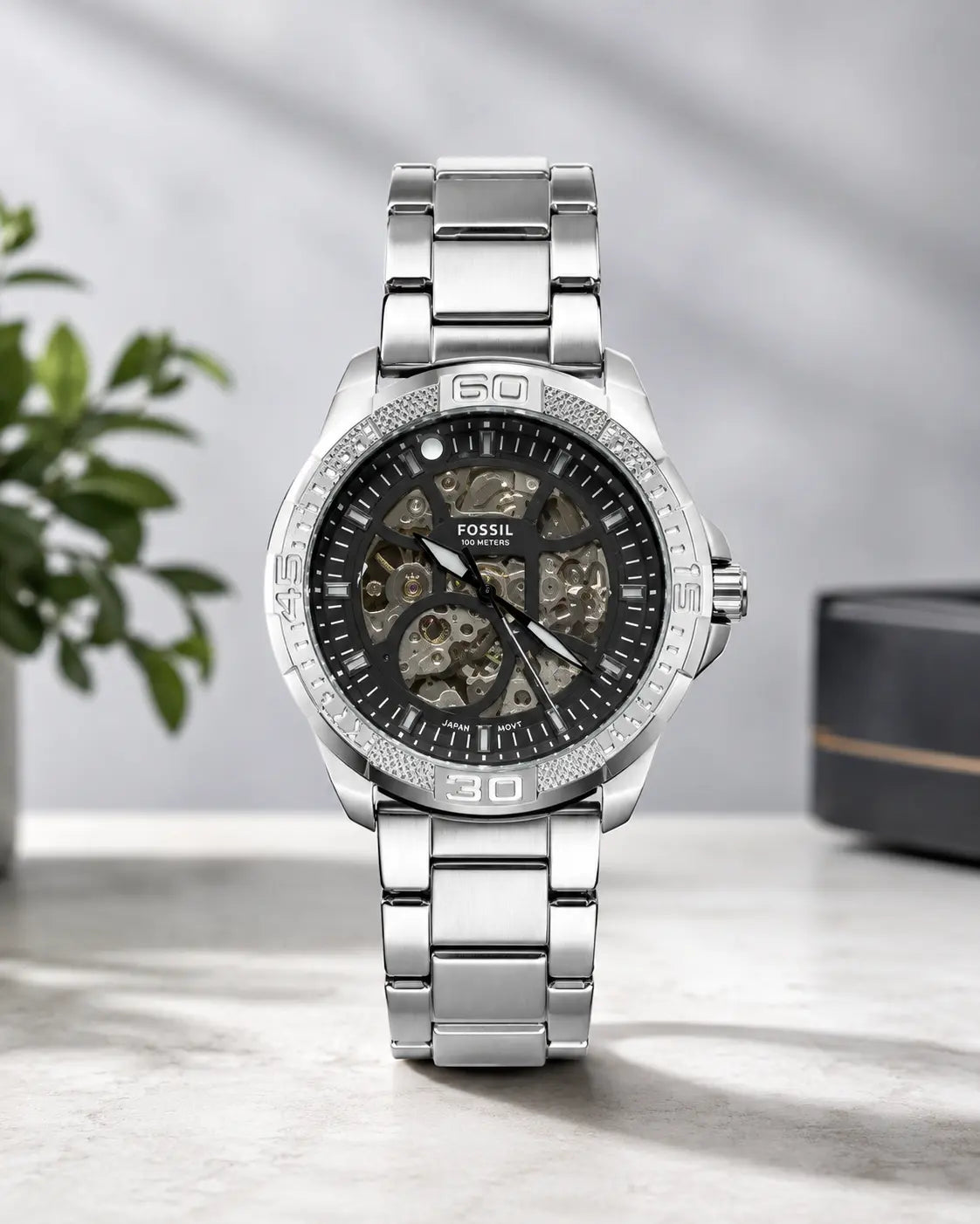 Premium silver skeleton dial stainless steel wrist watch for men