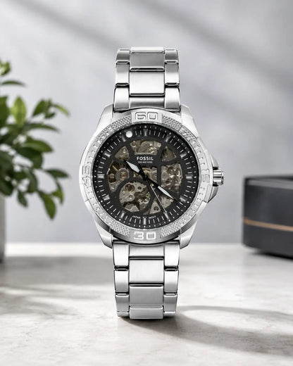 Premium silver skeleton dial stainless steel wrist watch for men