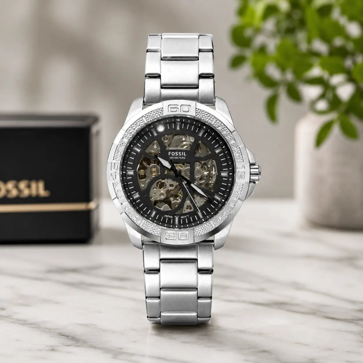 Premium silver skeleton dial stainless steel wrist watch for men