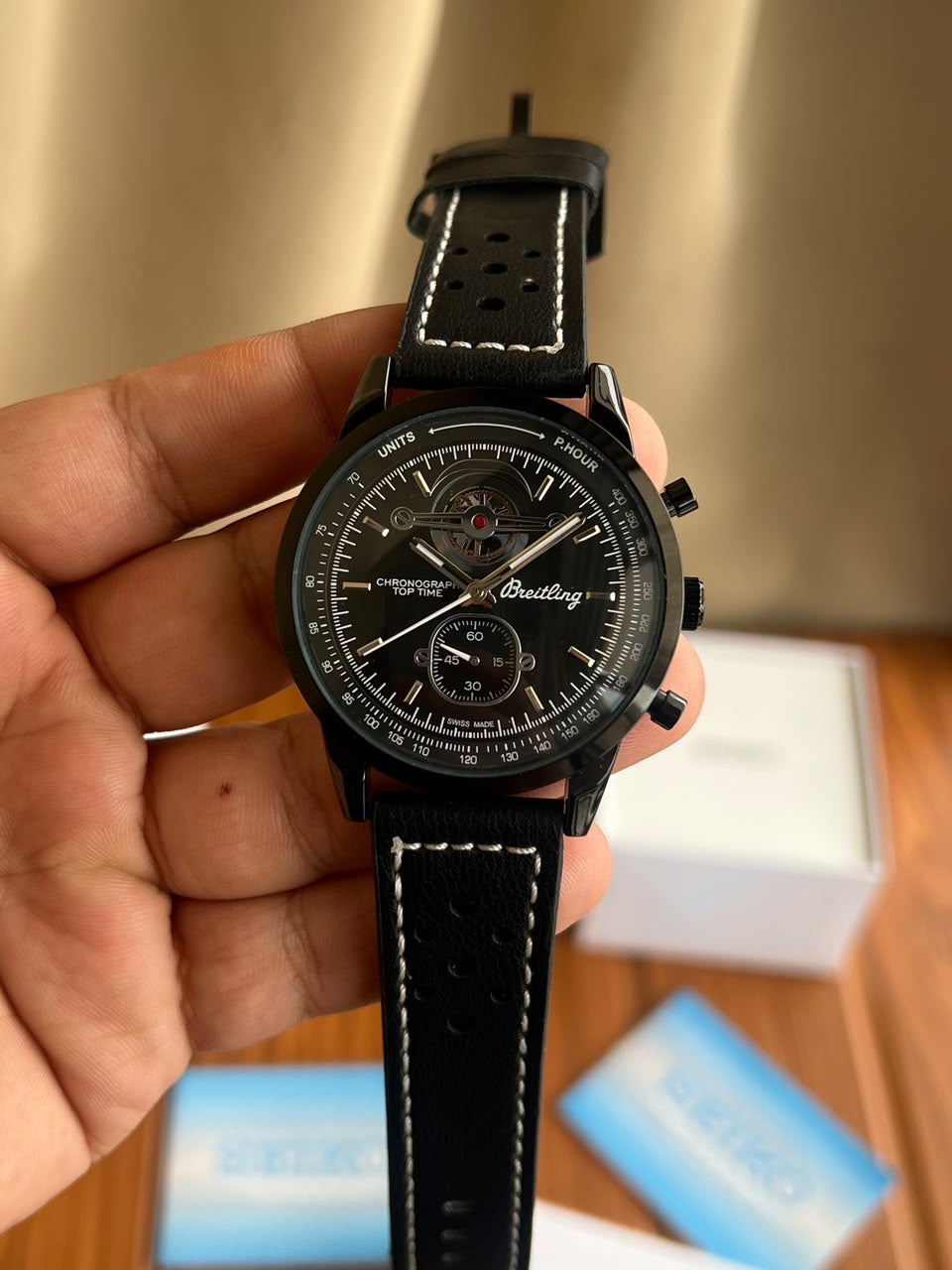 Men’s all Working Chronograph Watch – Black Dial with Premium Leather Strap
