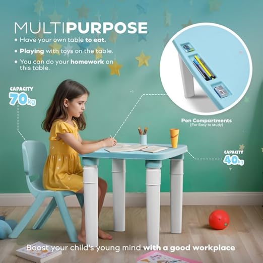 Kids Table & Folding Chair Set – Rectangle Polypropylene Table with Storage, 3-Level Height Adjustable, Lightweight, Safe & Durable, Pink & Light Blue (For Toddlers & Kids)