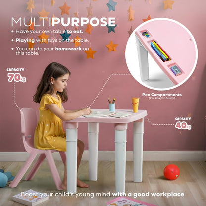 Kids Table & Folding Chair Set – Rectangle Polypropylene Table with Storage, 3-Level Height Adjustable, Lightweight, Safe & Durable, Pink & Light Blue (For Toddlers & Kids)
