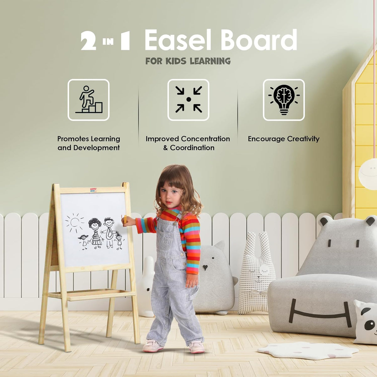 2-in-1 Wooden Kids Easel Board – Double-Sided Whiteboard & Chalkboard with Marker, Duster & Chalk | Standing Educational Board for Toddlers (H40 × L79 cm)