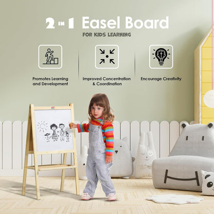 2-in-1 Wooden Kids Easel Board – Double-Sided Whiteboard & Chalkboard with Marker, Duster & Chalk | Standing Educational Board for Toddlers (H40 × L79 cm)