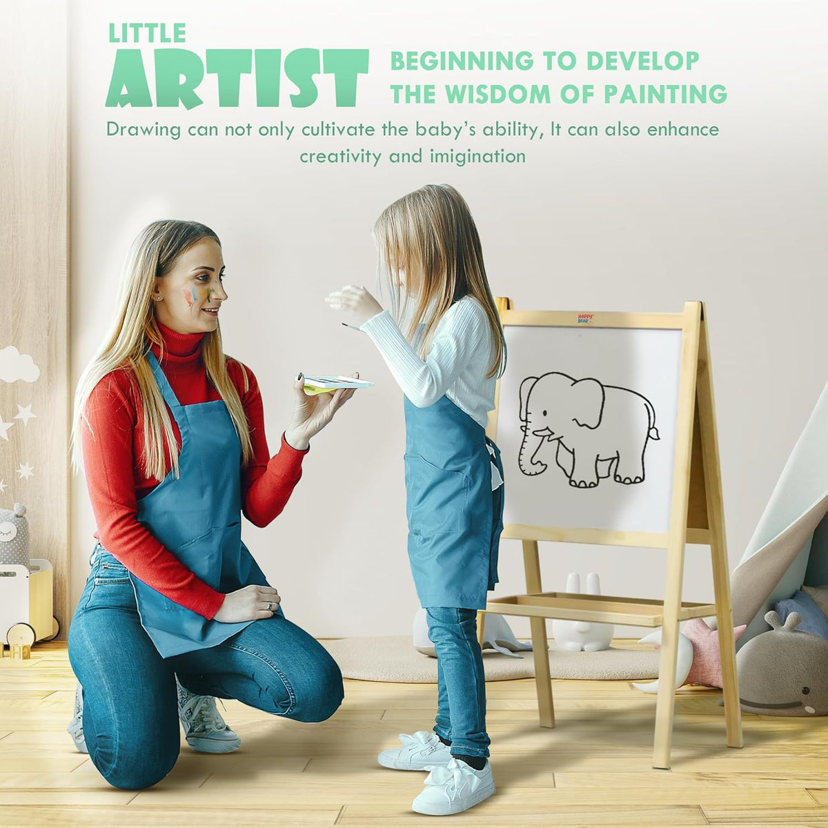 2-in-1 Wooden Kids Easel Board – Double-Sided Whiteboard & Chalkboard with Marker, Duster & Chalk | Standing Educational Board for Toddlers (H40 × L79 cm)