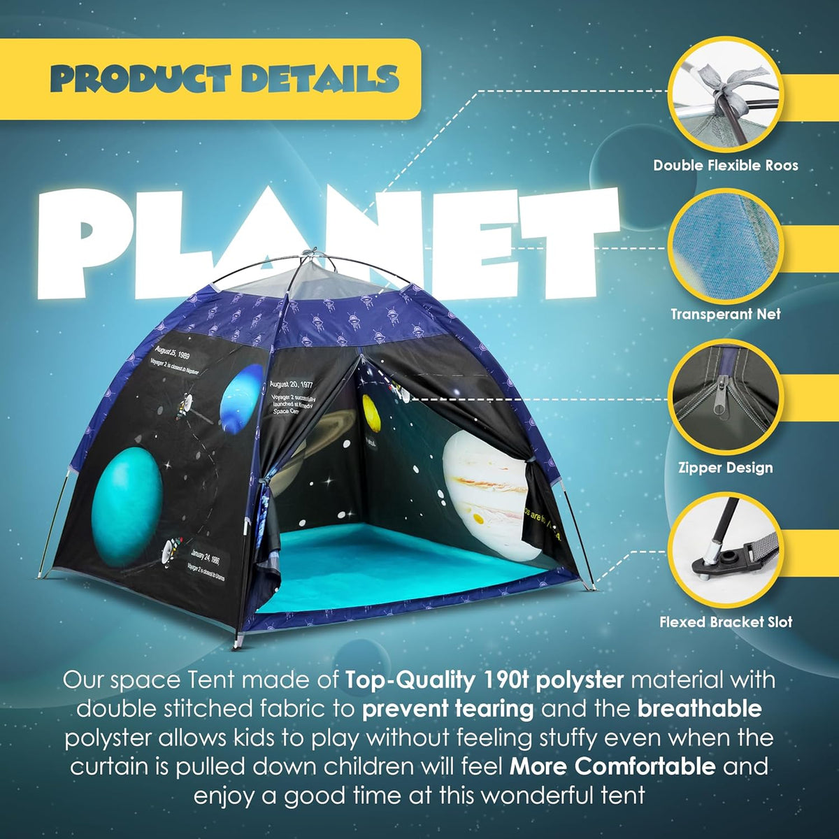 Kids Foldable Play Tent – Indoor & Outdoor Playhouse, Planet Theme, Water-Repellent, Easy Assembly, Portable Storage (2+ Years)