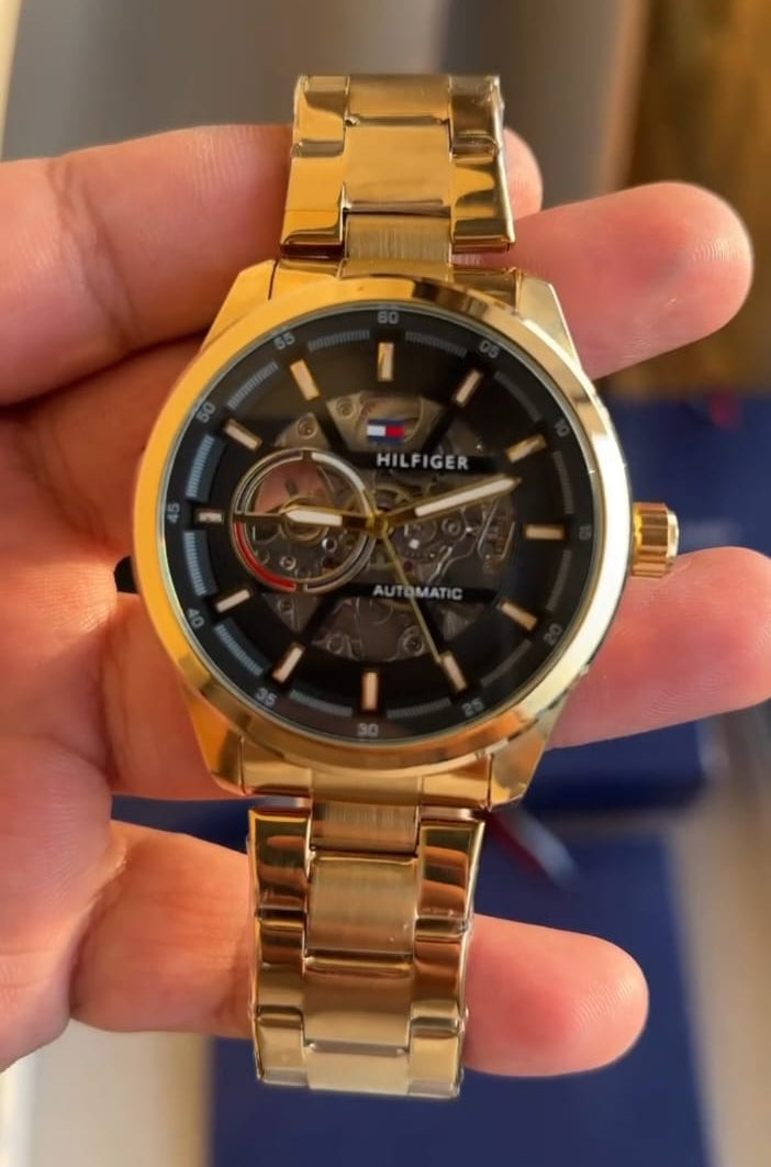 Men’s Gold Automatic Watch – Black Skeleton Dial & Premium Stainless Steel Bracelet