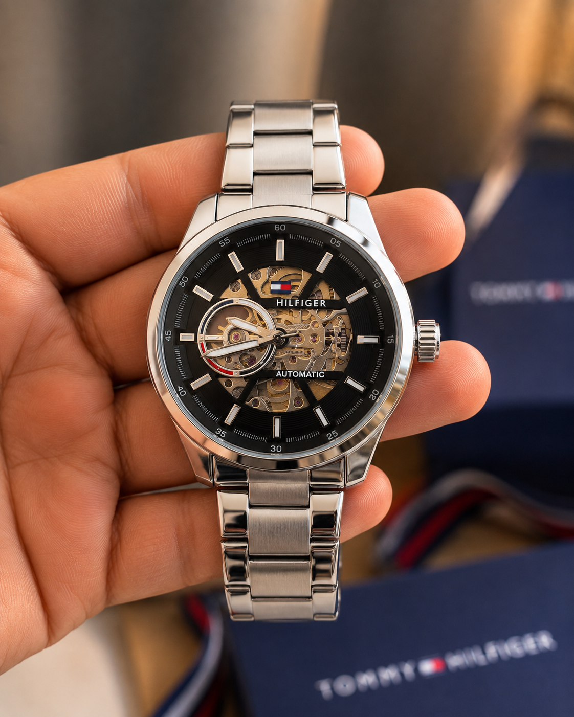 Men’s Gold Automatic Watch – Black Skeleton Dial & Premium Stainless Steel Bracelet