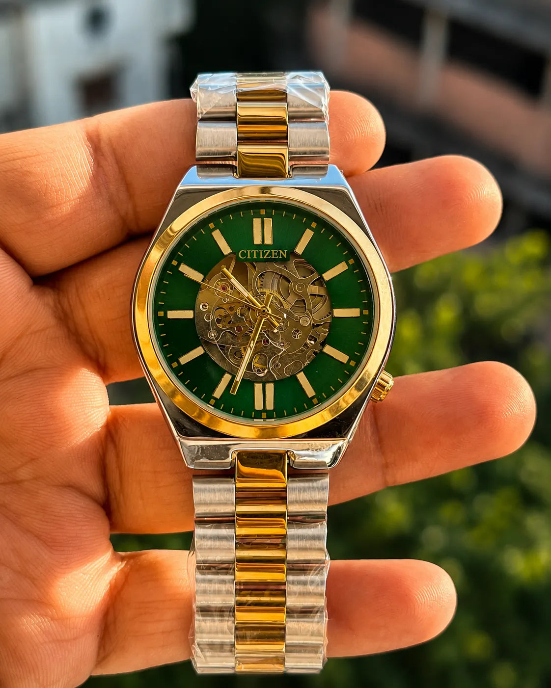 Premium Skeleton Watch – Green Dial Two-Tone Stainless Steel Luxury Watch for Men