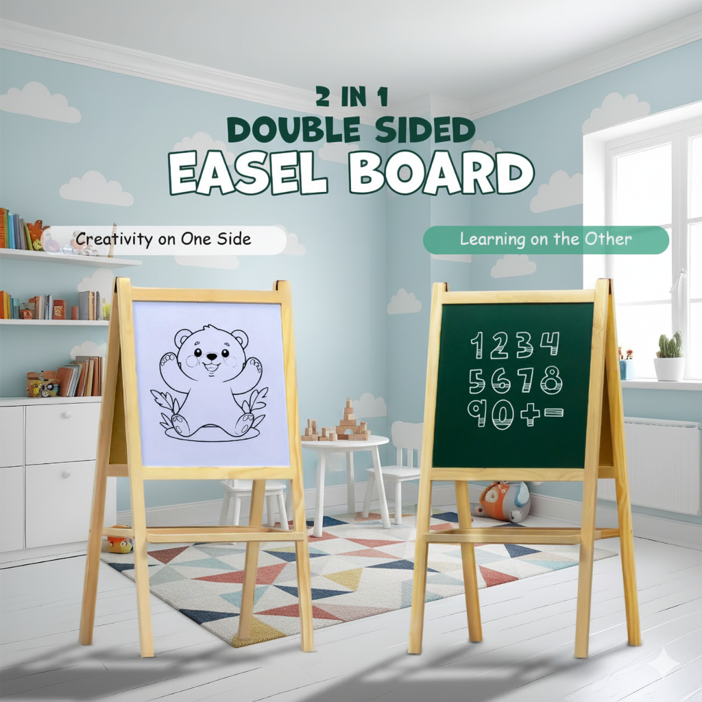 2-in-1 Wooden Kids Easel Board – Double-Sided Whiteboard & Chalkboard with Marker, Duster & Chalk | Standing Educational Board for Toddlers (H40 × L79 cm)