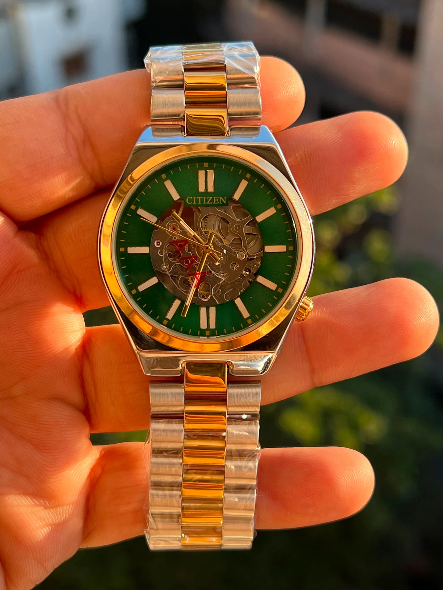 Premium Skeleton Watch – Green Dial Two-Tone Stainless Steel Luxury Watch for Men