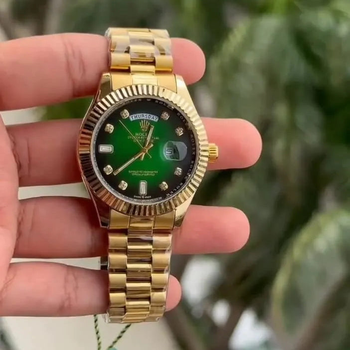 Luxury Gold Automatic Watch for Men | Premium Green Dial & Stainless Steel Bracelet
