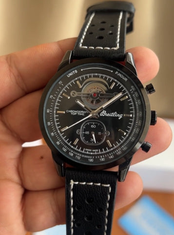 Men’s all Working Chronograph Watch – Black Dial with Premium Leather Strap