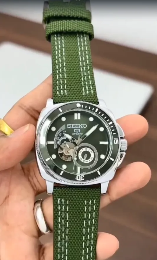 Premium Green Automatic Skeleton Dial Canvas Strap Men's Watch