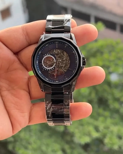 Premium Skeleton Dial Watch | Black Stainless Steel Edition