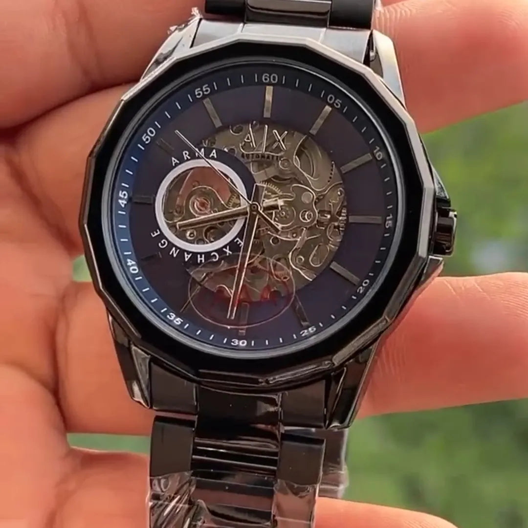 Premium Skeleton Dial Watch | Black Stainless Steel Edition