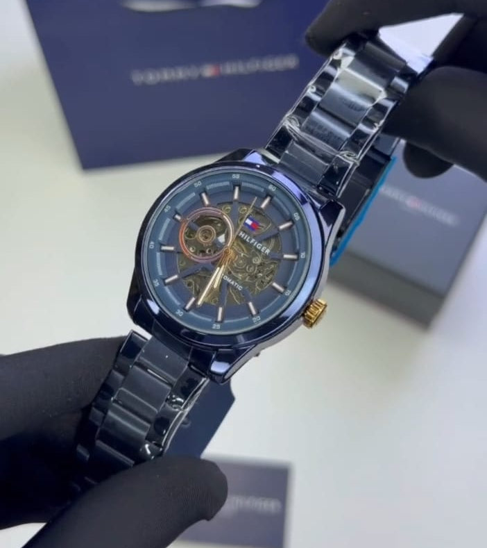Men’s Gold Automatic Watch – Black Skeleton Dial & Premium Stainless Steel Bracelet