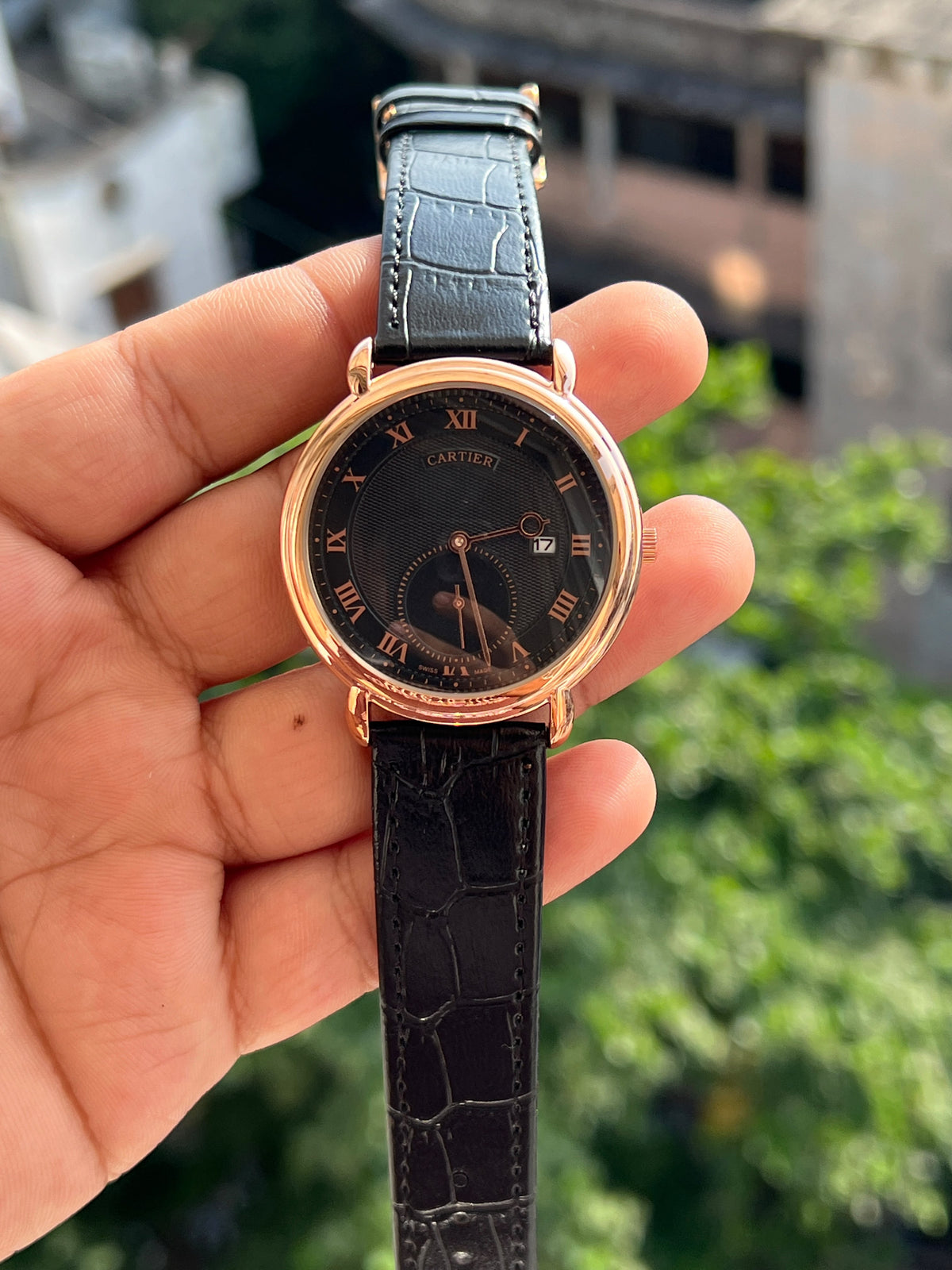 Roman Numeral Black Dial Leather Strap Watch for Men