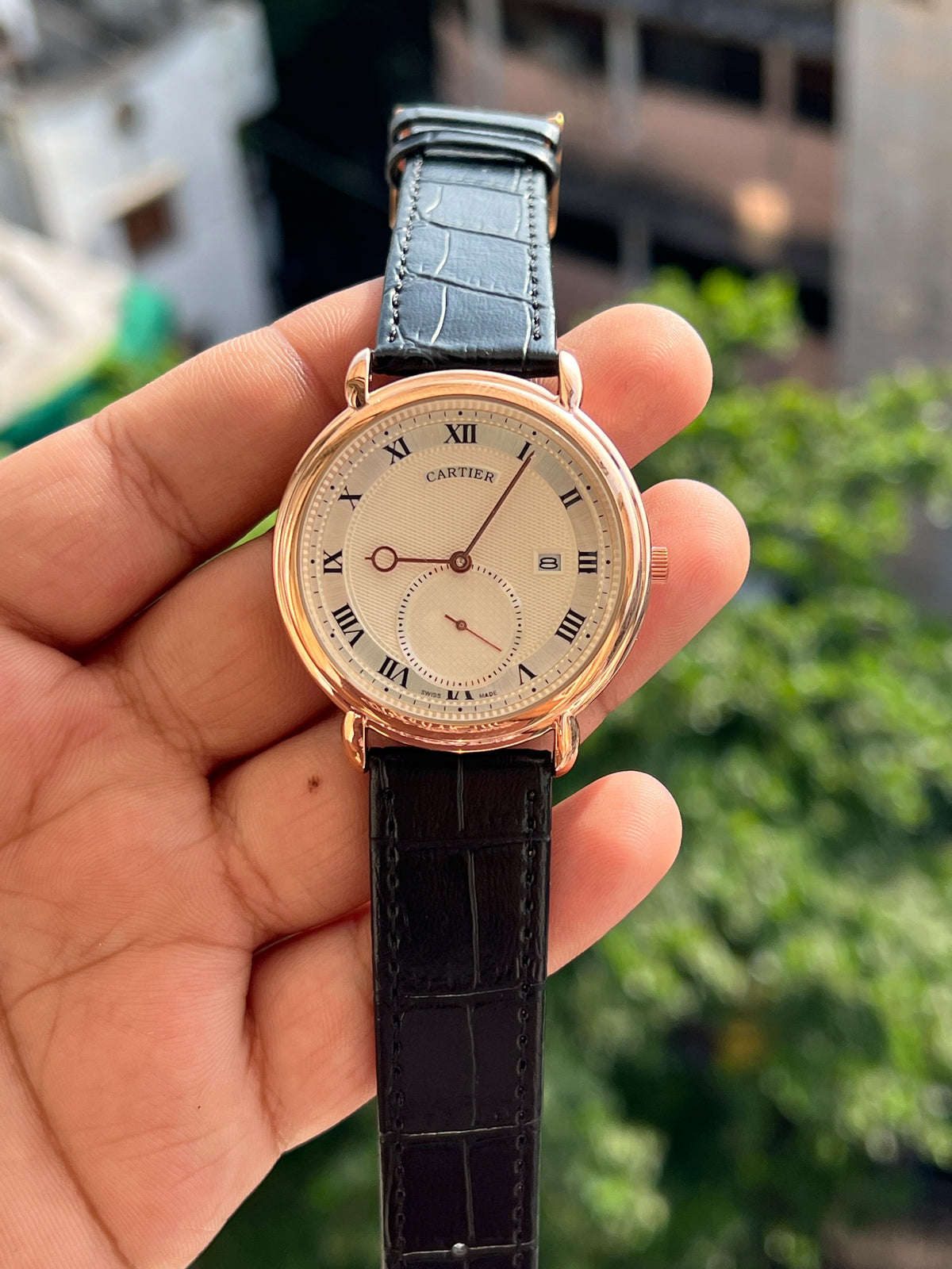 Roman Numeral Black Dial Leather Strap Watch for Men