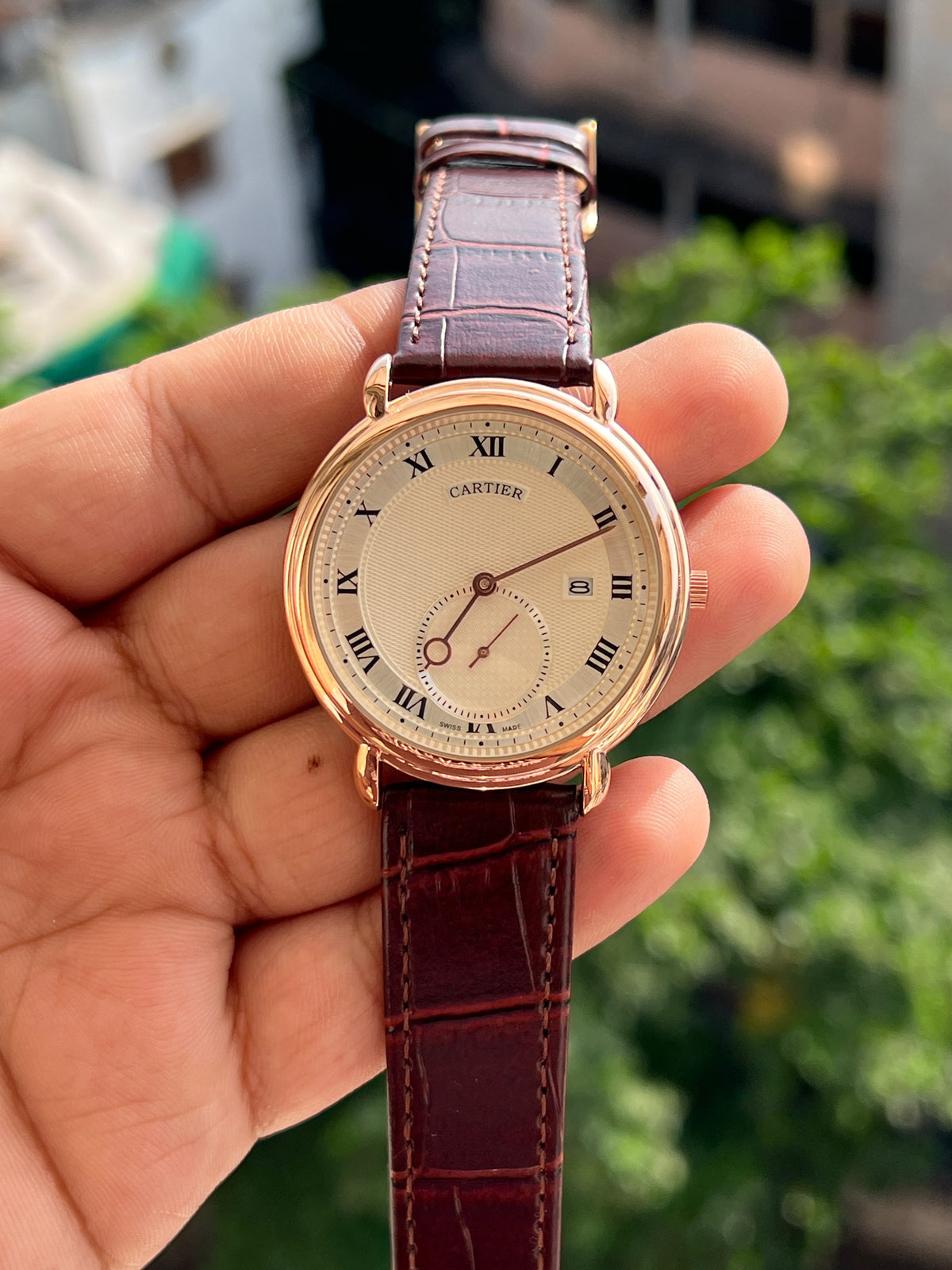 Roman Numeral Black Dial Leather Strap Watch for Men