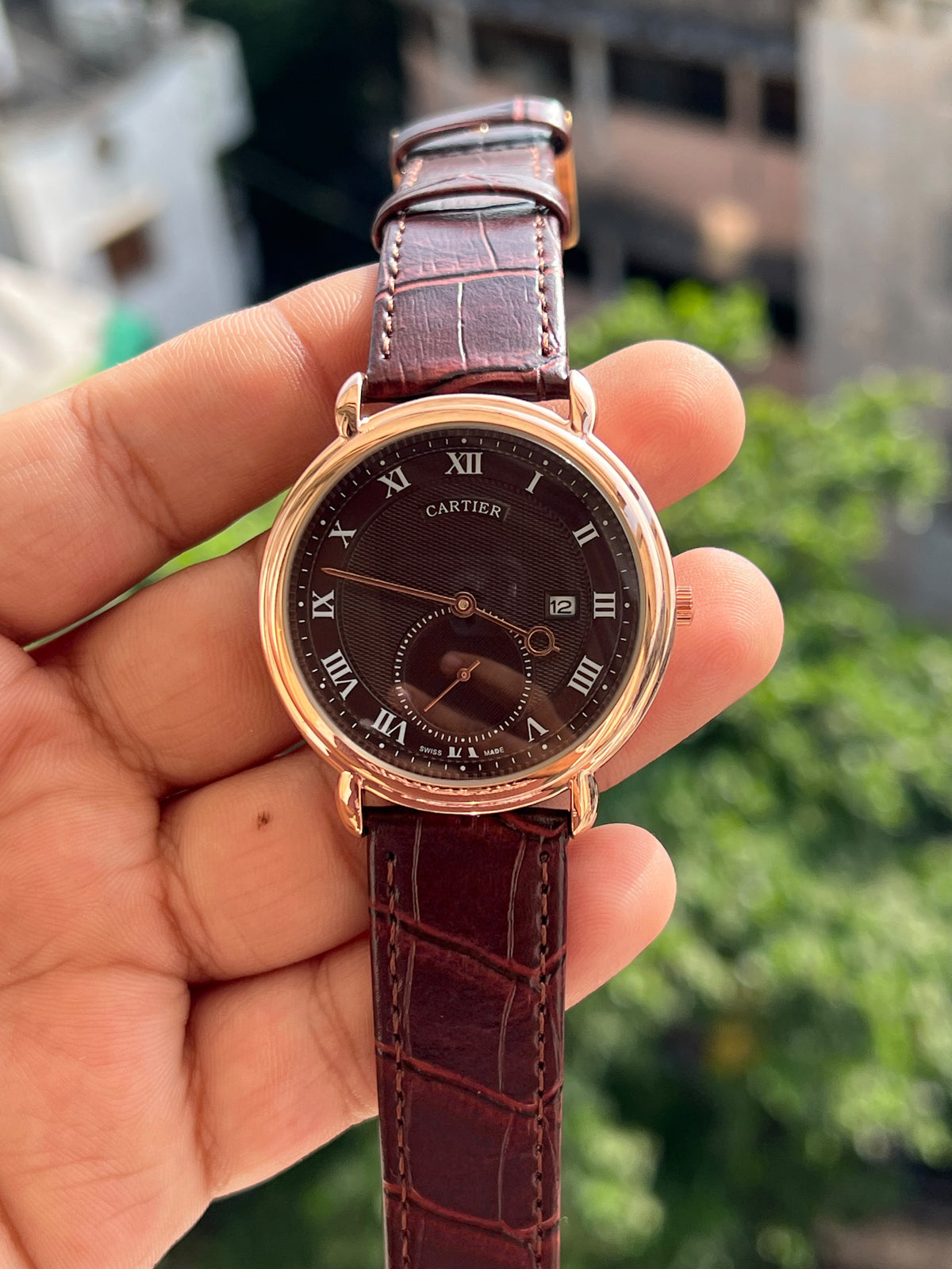 Roman Numeral Black Dial Leather Strap Watch for Men