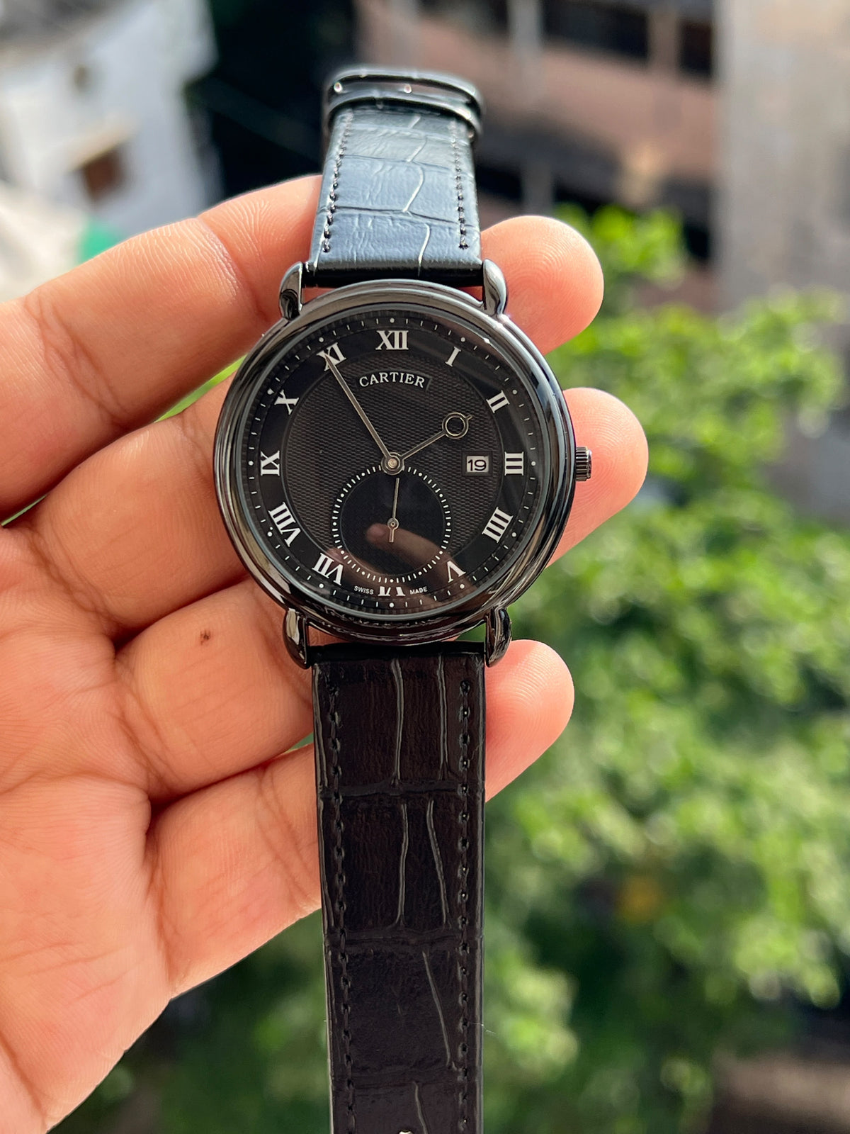 Roman Numeral Black Dial Leather Strap Watch for Men