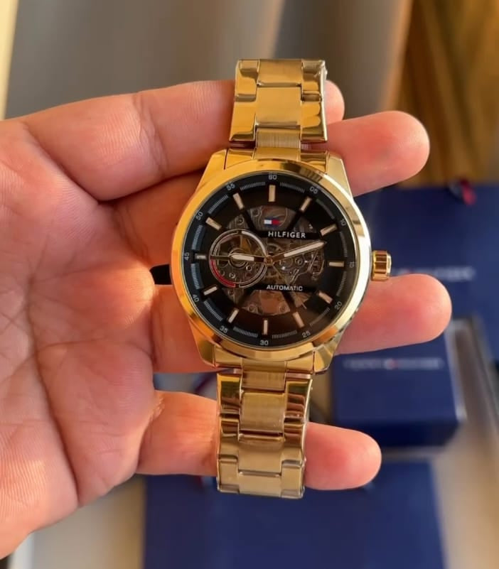Men’s Gold Automatic Watch – Black Skeleton Dial & Premium Stainless Steel Bracelet